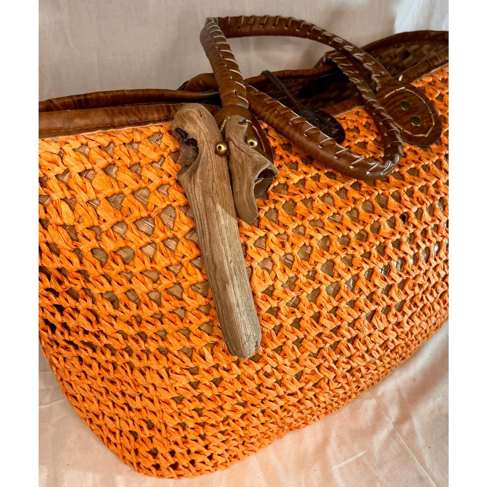 Sun N Sand woven bag with leather handles with Lake MI Driftwood
